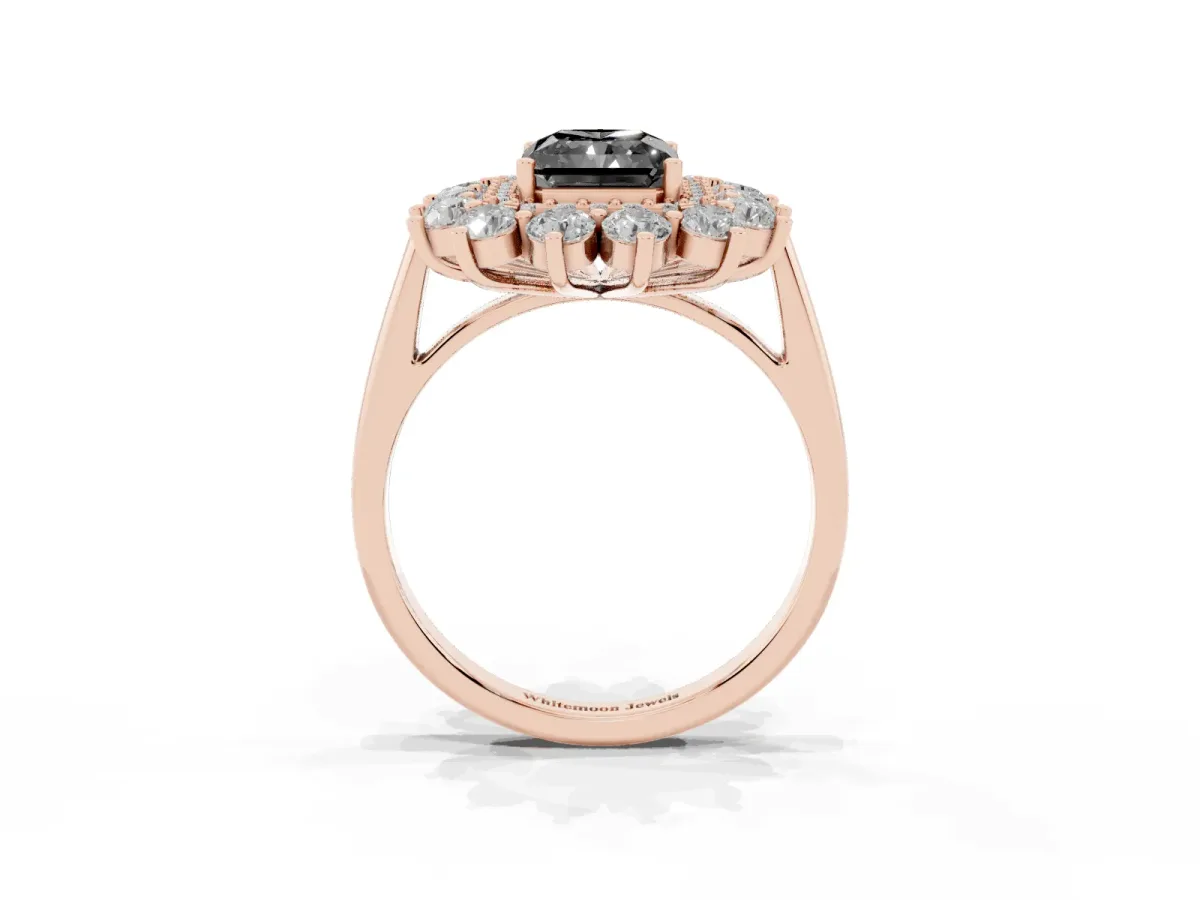 Fancy Black Radiant Cut Diamond Floral Double Halo Engagement Ring with Prong Setting Rose gold