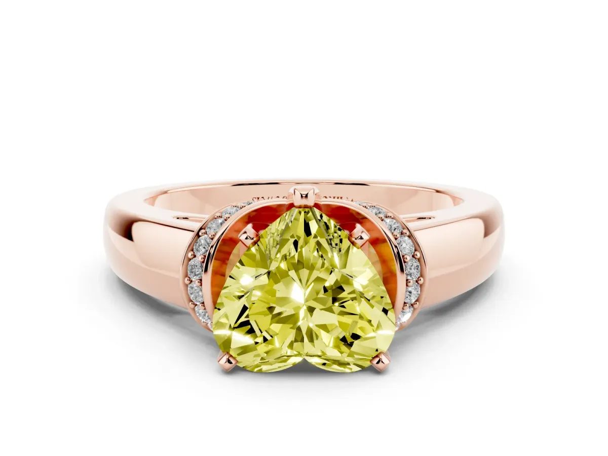 Fancy Yellow Heart Cut Solitaire Diamond Ring with Pave Band and Six-Prong Setting Rose gold