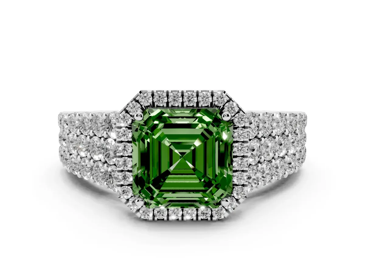 Fancy Green Asscher Cut Diamond Halo Engagement Ring with Triple Row Round Pavé Band and Prong Setting Platinum