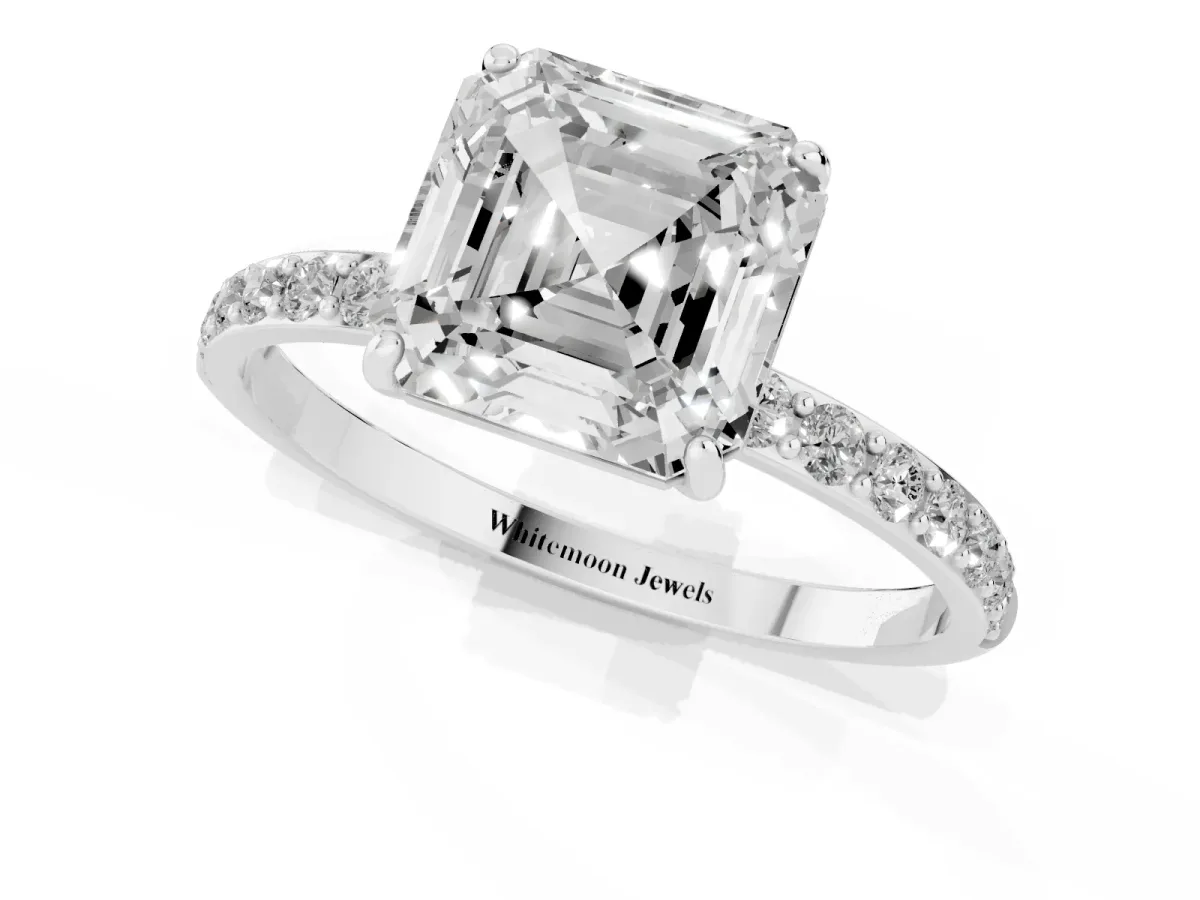 Asscher Cut Diamond Solitaire Ring with Round Pavé Shoulders and Prong Setting Platinum