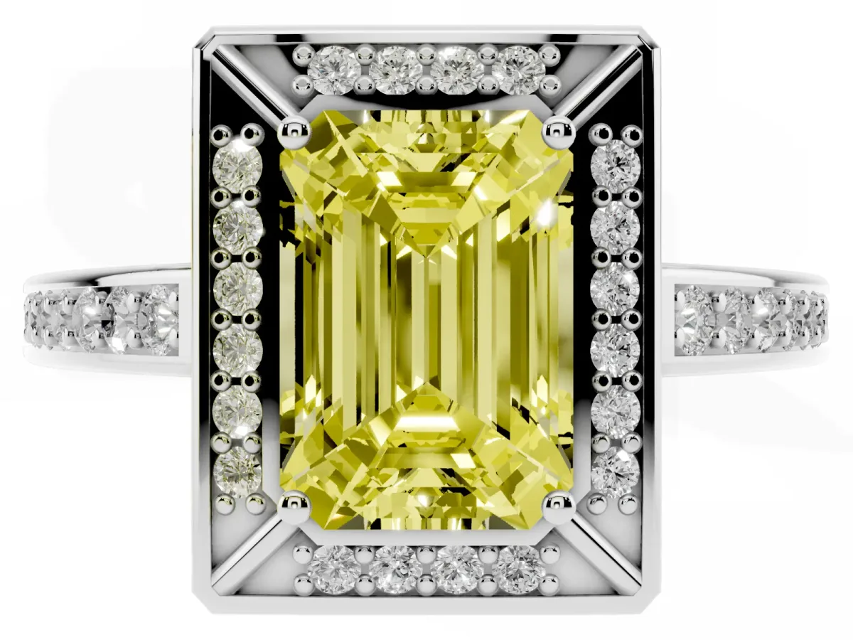 Fancy Yellow Emerald Cut Cut Halo Pave Split Shank Prong Setting Ring Silver
