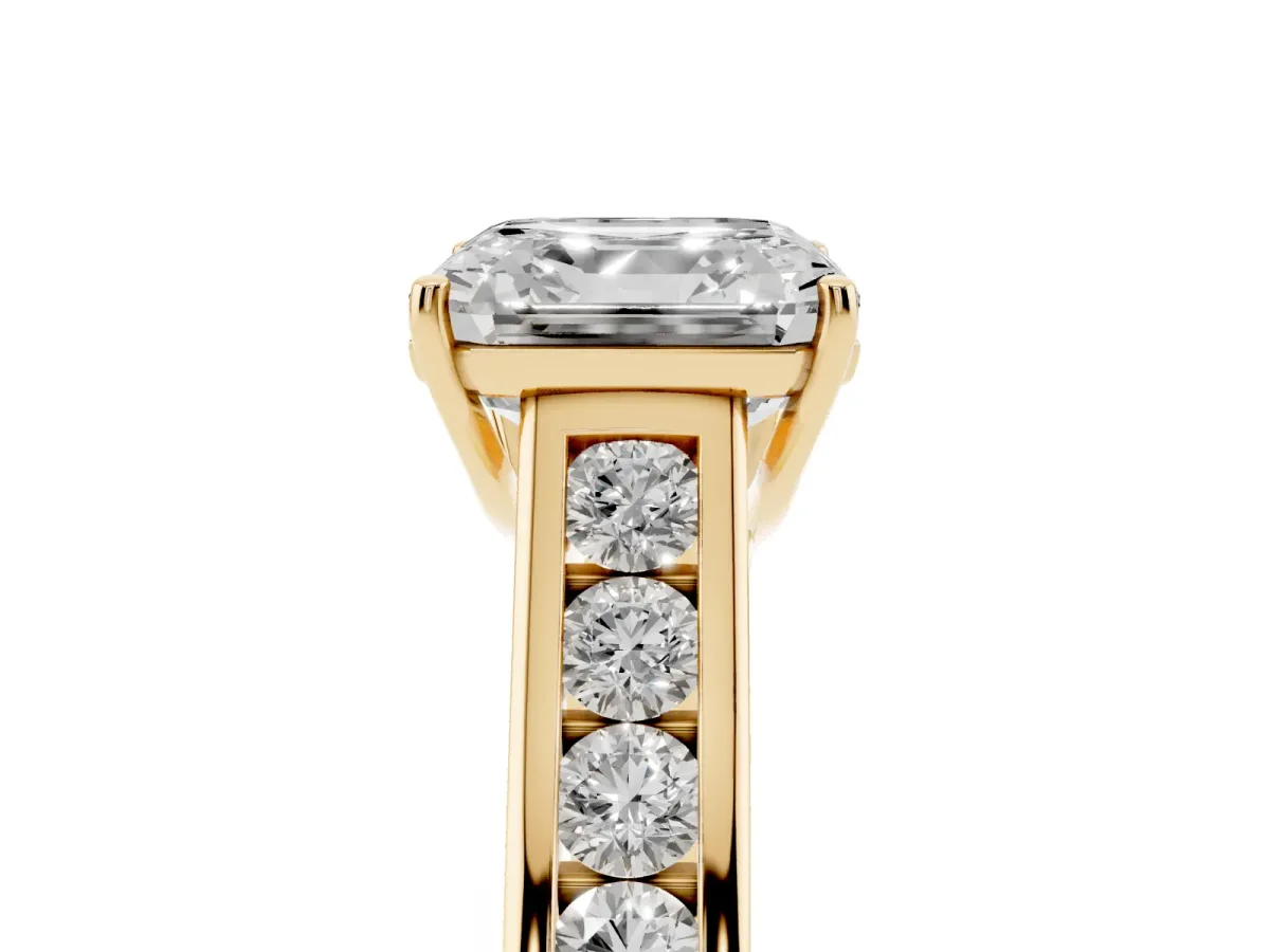 Asscher Cut Solitaire Channel-Set Diamond Engagement Ring with Four-Prong Setting Yellow gold