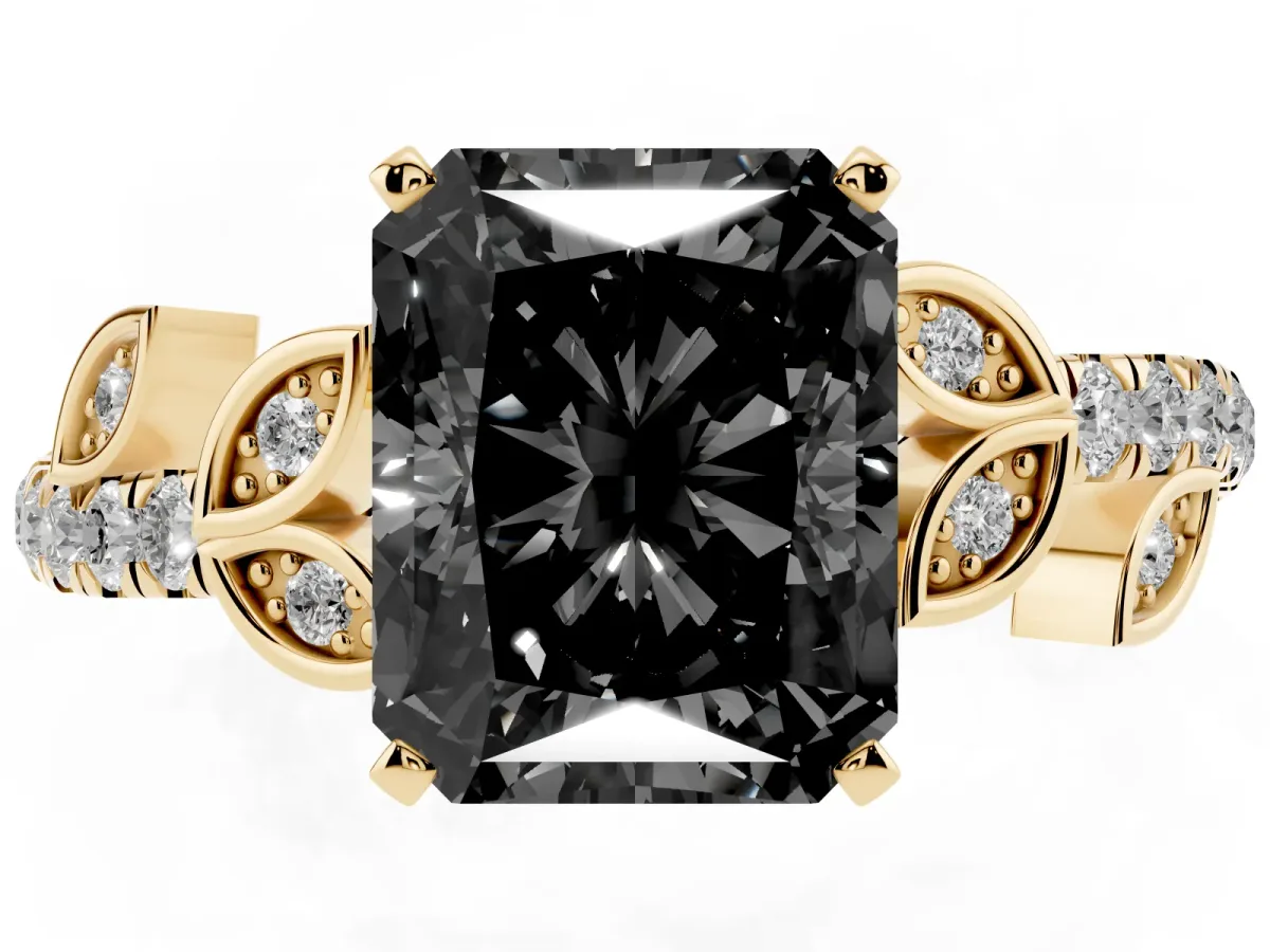 Fancy Black Radiant Cut Solitaire Leaf-Inspired Diamond Ring with Pavé Band and Four-Prong Setting Yellow gold
