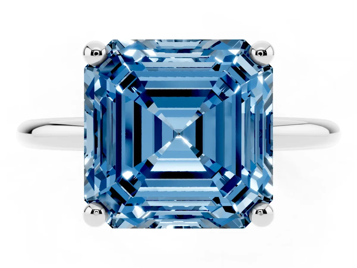 Fancy Blue Asscher Cut Solitaire Diamond Ring with 4-Prong Setting on a Classic Band Silver