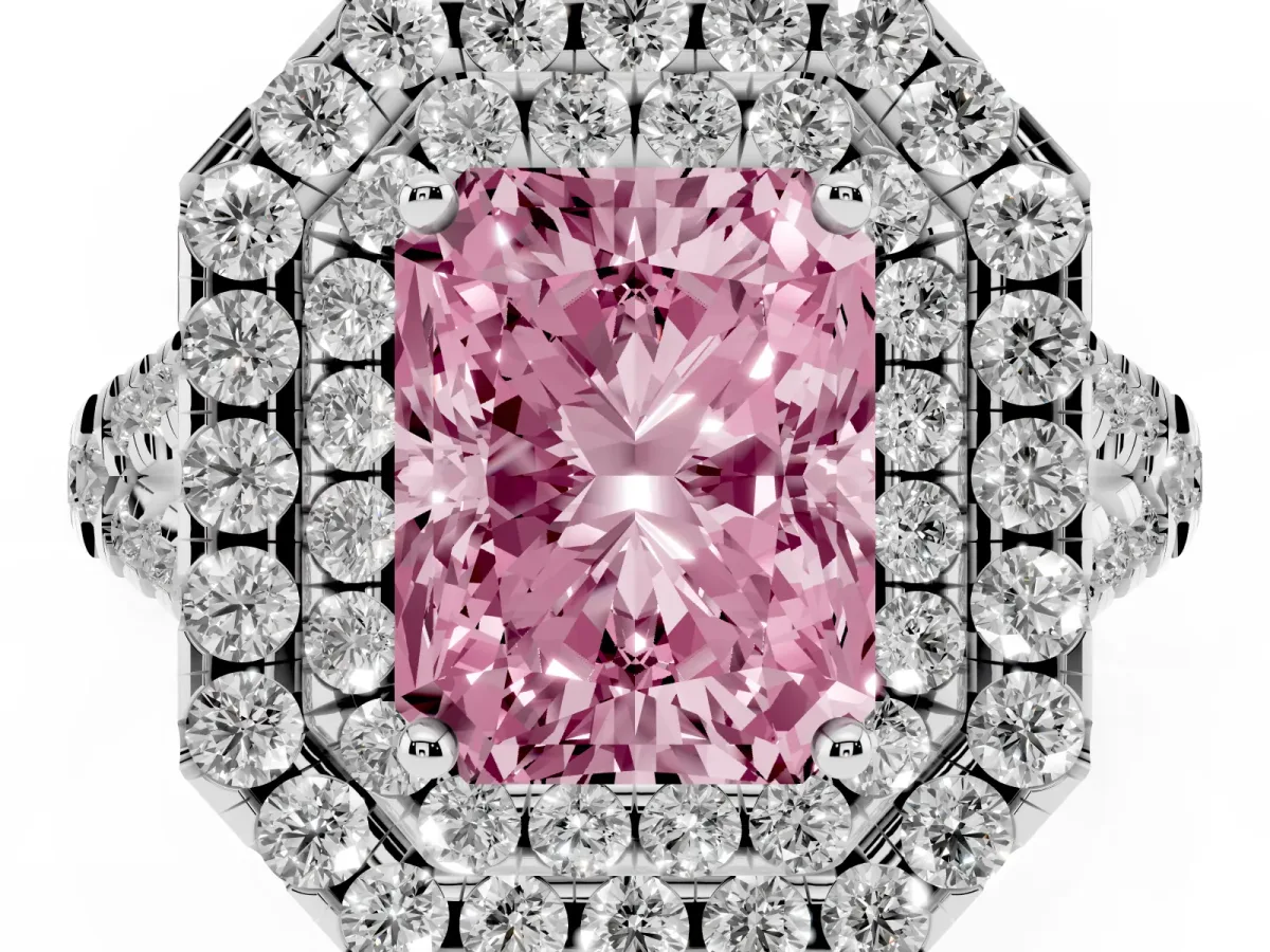 Fancy Pink Double Halo Radiant Cut Diamond Pavé Split Shank Ring with Prong Setting Silver