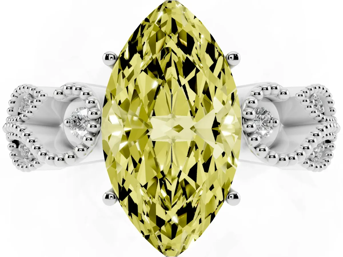 Fancy Yellow Marquise Cut Solitaire Milgrain Leaf Band with Prong Setting Silver