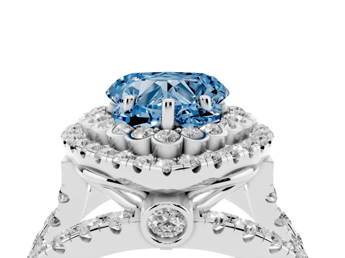 Fancy Blue Heart Cut Diamond Double Halo Ring with Round Pavé Split Shank and Prong Setting Silver