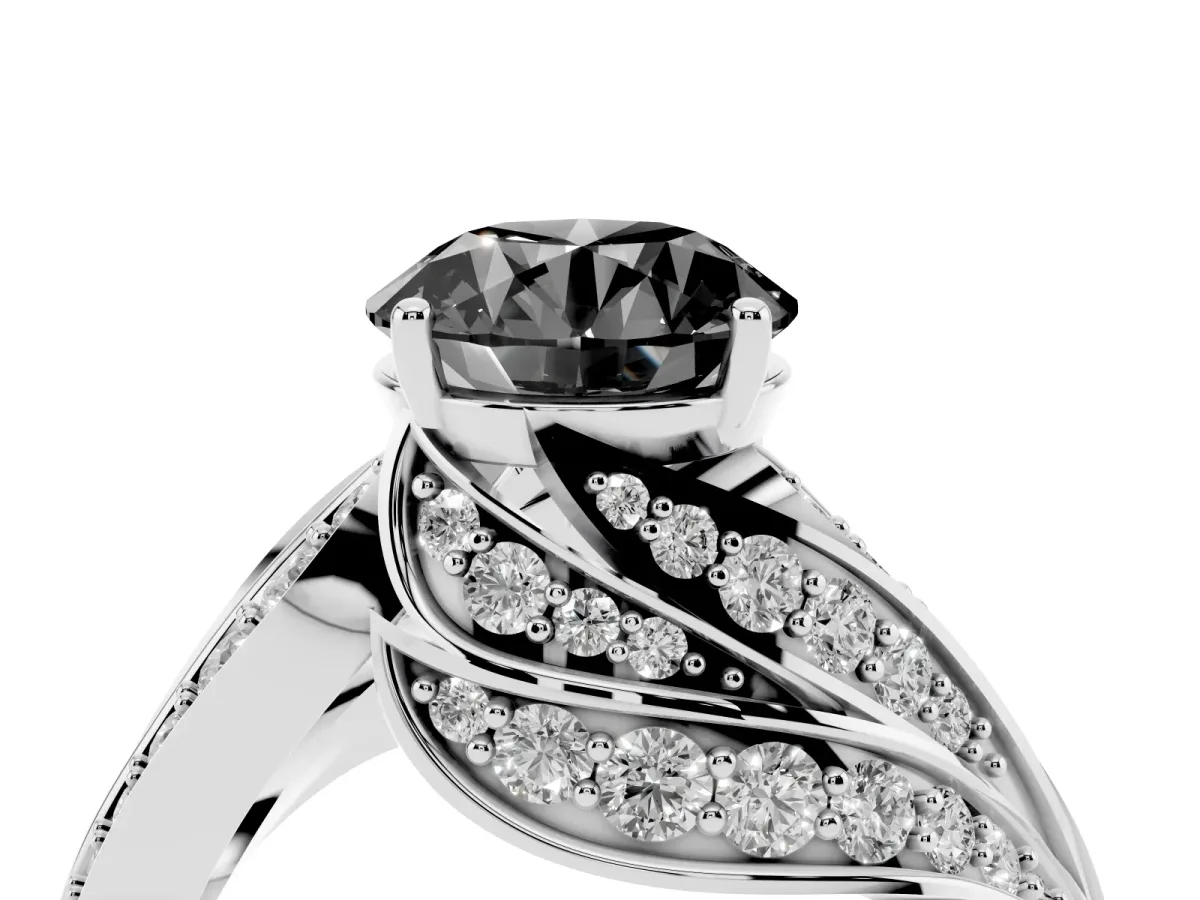 Fancy Black Round Cut Diamond Solitaire Ring with Prong Setting and Twisted Pavé Band Silver