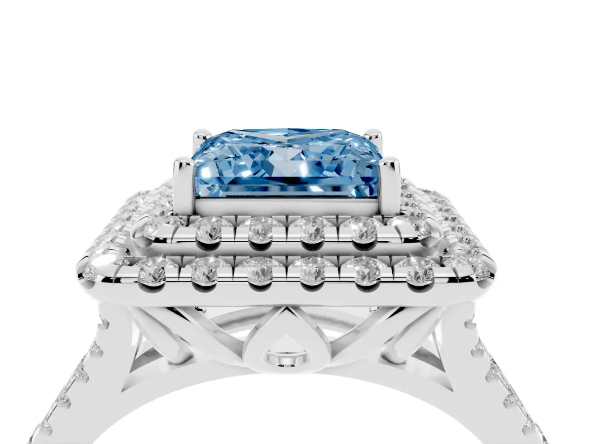Fancy Blue Double Halo Princess Cut Diamond Pavé Split Shank Ring with Prong Setting Platinum