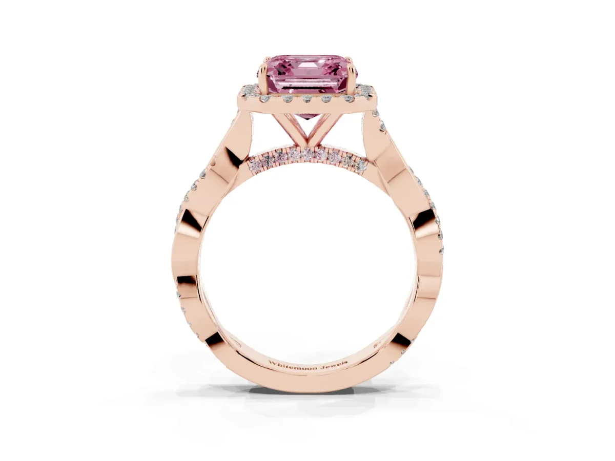 Fancy Pink Asscher Cut Halo Twist Band Solitaire Ring Rose gold