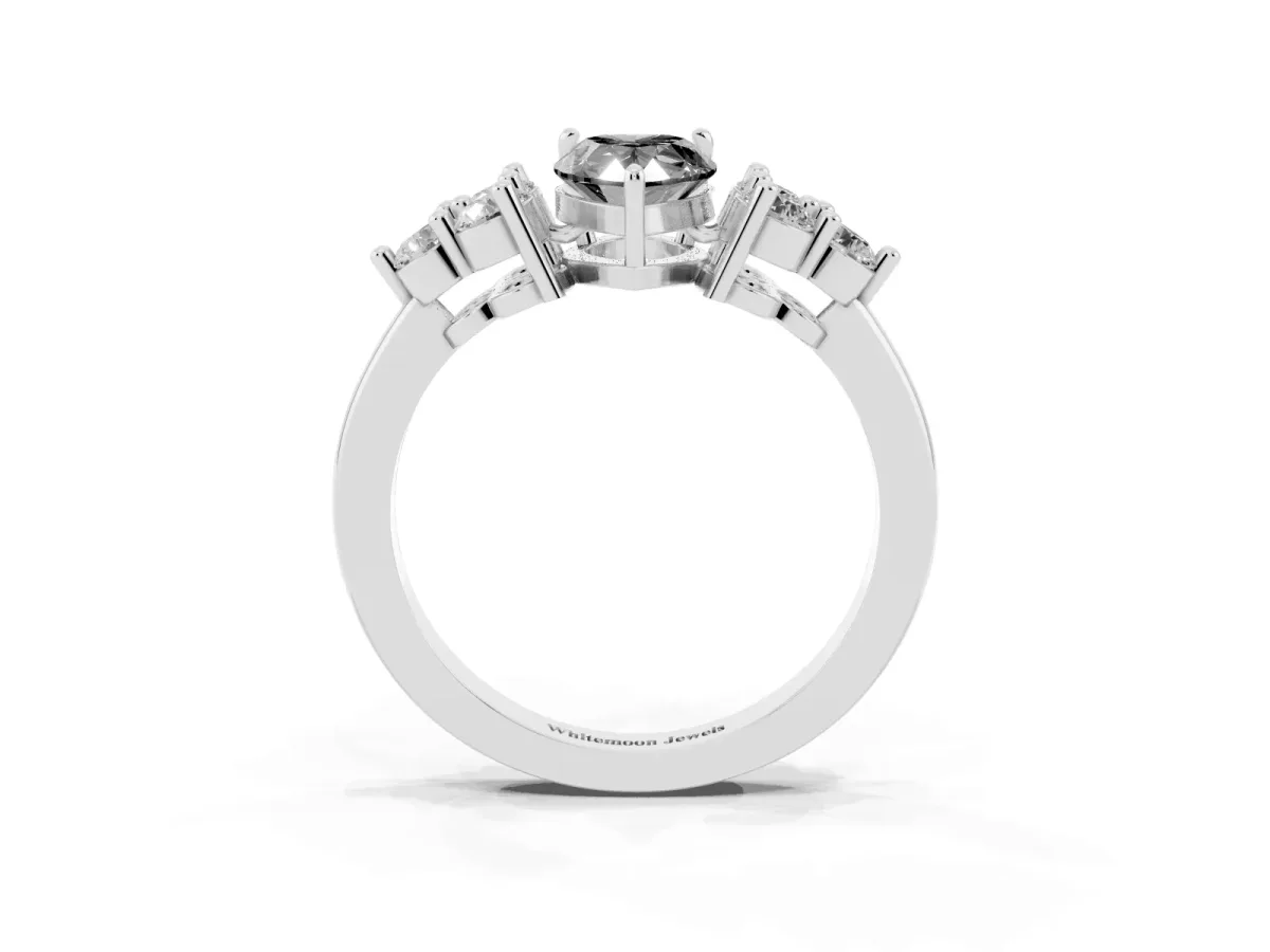 Fancy Black Pear Cut Brilliant Diamond Cluster Accent Solitaire Ring with Prong Setting White gold