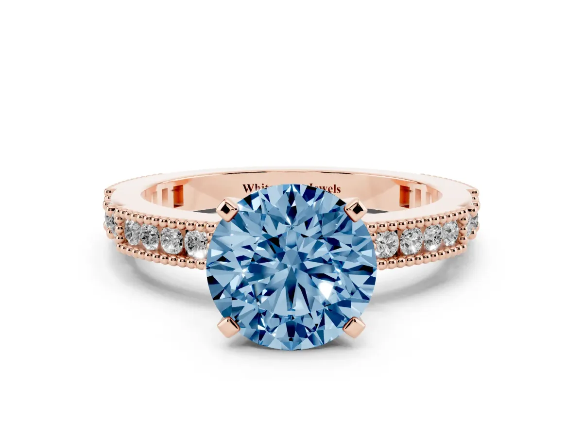 Fancy Blue Round Cut Solitaire with Pavé Band and Four-Prong Setting Rose gold