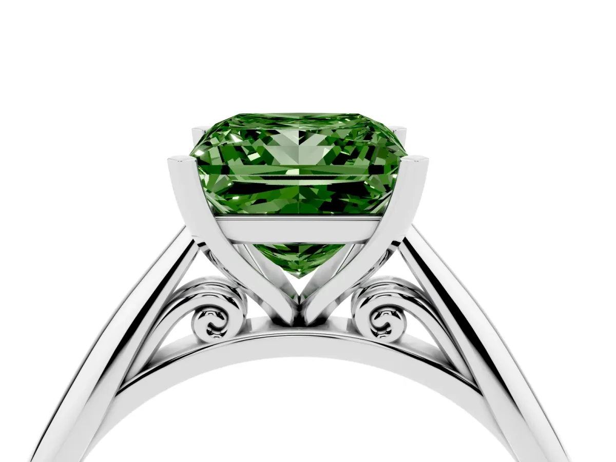 Fancy Green Princess Cut Diamond Solitaire Engagement Ring with Cathedral Setting and Four-Prong Mount Silver