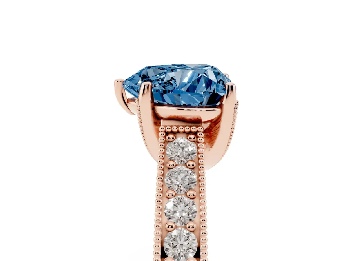 Fancy Blue Heart Cut Cut Diamond Solitaire Ring with Milgrain Pave Band and Four Prong Setting Rose gold