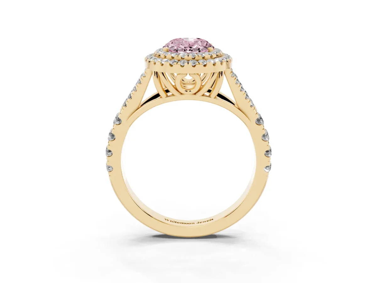 Fancy Pink Oval Cut Cut Double Halo Split Shank Diamond Ring with Prong Setting Yellow gold