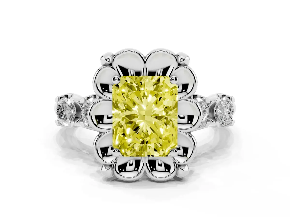 Fancy Yellow Radiant Cut Cut Diamond Floral Halo Engagement Ring with Shared Prong Setting White gold