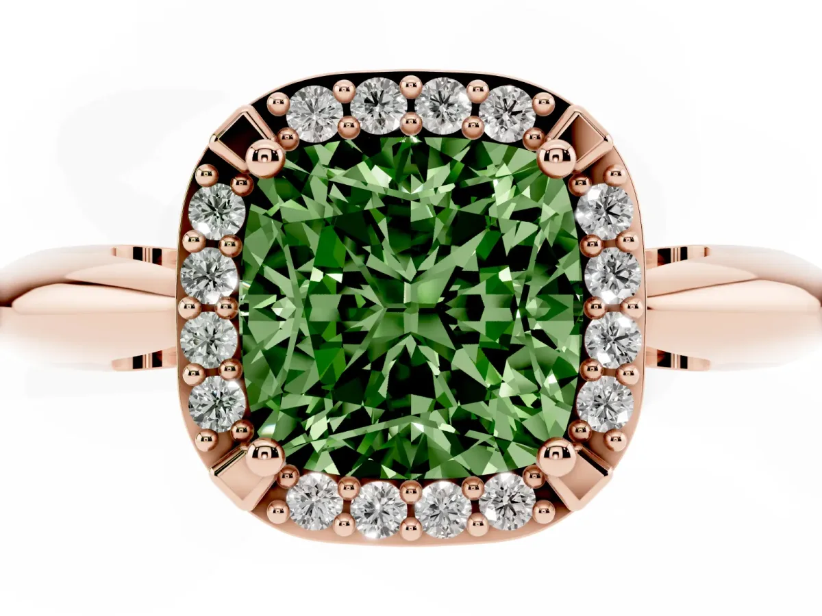 Fancy Green Cushion Cut Cut Diamond Halo Engagement Ring with Split Shank and Four-Prong Setting Rose gold