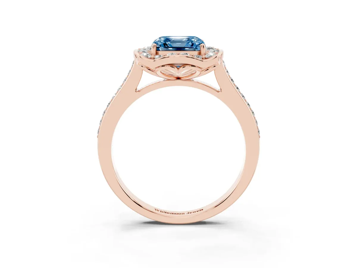 Fancy Blue Asscher Cut Halo Round Diamond Pave Band with Four-Prong Setting Rose gold