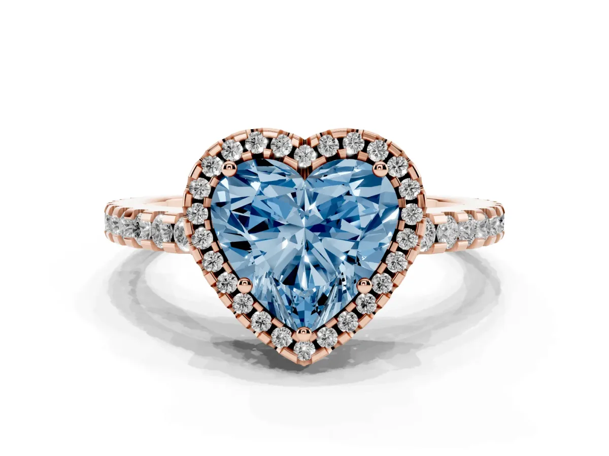 Fancy Blue Heart Cut Diamond Halo Engagement Ring with Pavé Band and Prong Setting Rose gold