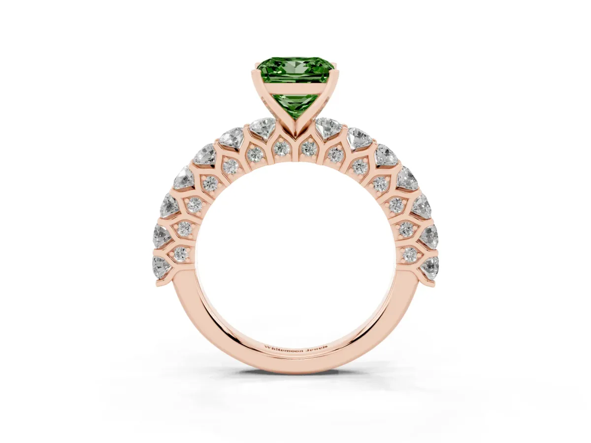Fancy Green Princess Cut Diamond Solitaire Ring with Shared Prong Pavé Band and Four-Prong Setting Rose gold