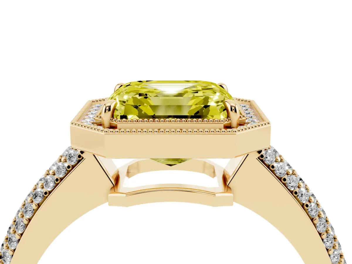 Fancy Yellow Asscher Cut Cut Halo Diamond Pave Band with Four-Prong Setting Yellow gold
