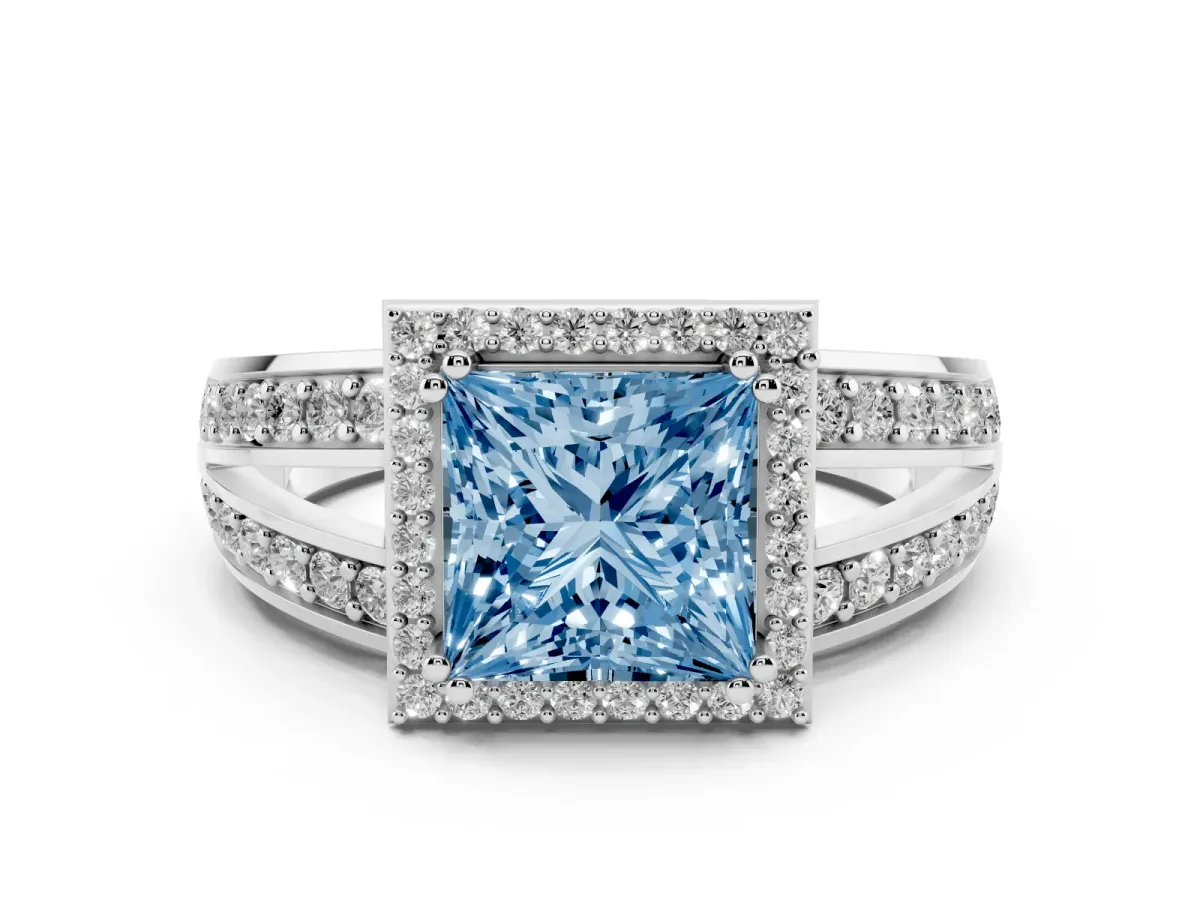 Fancy Blue Princess Cut Diamond Halo Ring with Split Shank Pavé Band and Four-Prong Setting Platinum