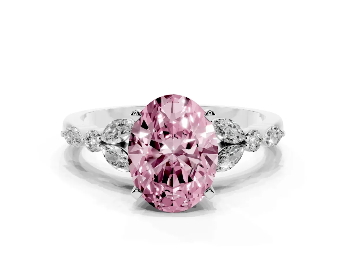 Fancy Pink Oval Cut Diamond Solitaire Ring with Side Stones and Four-Prong Setting Silver