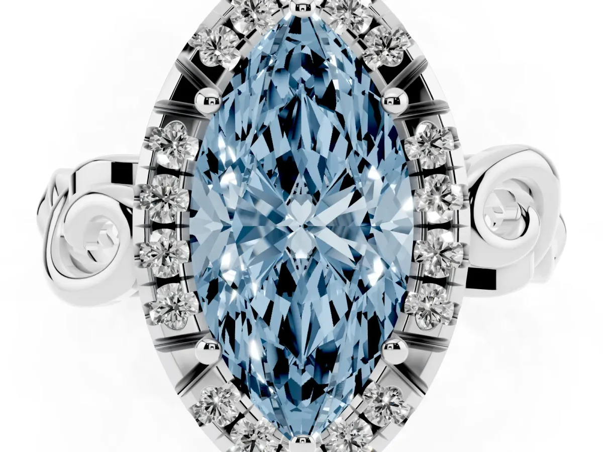 Fancy Blue Marquise Cut Cut Halo Diamond Ring with Scrollwork Band and Four-Prong Setting Silver