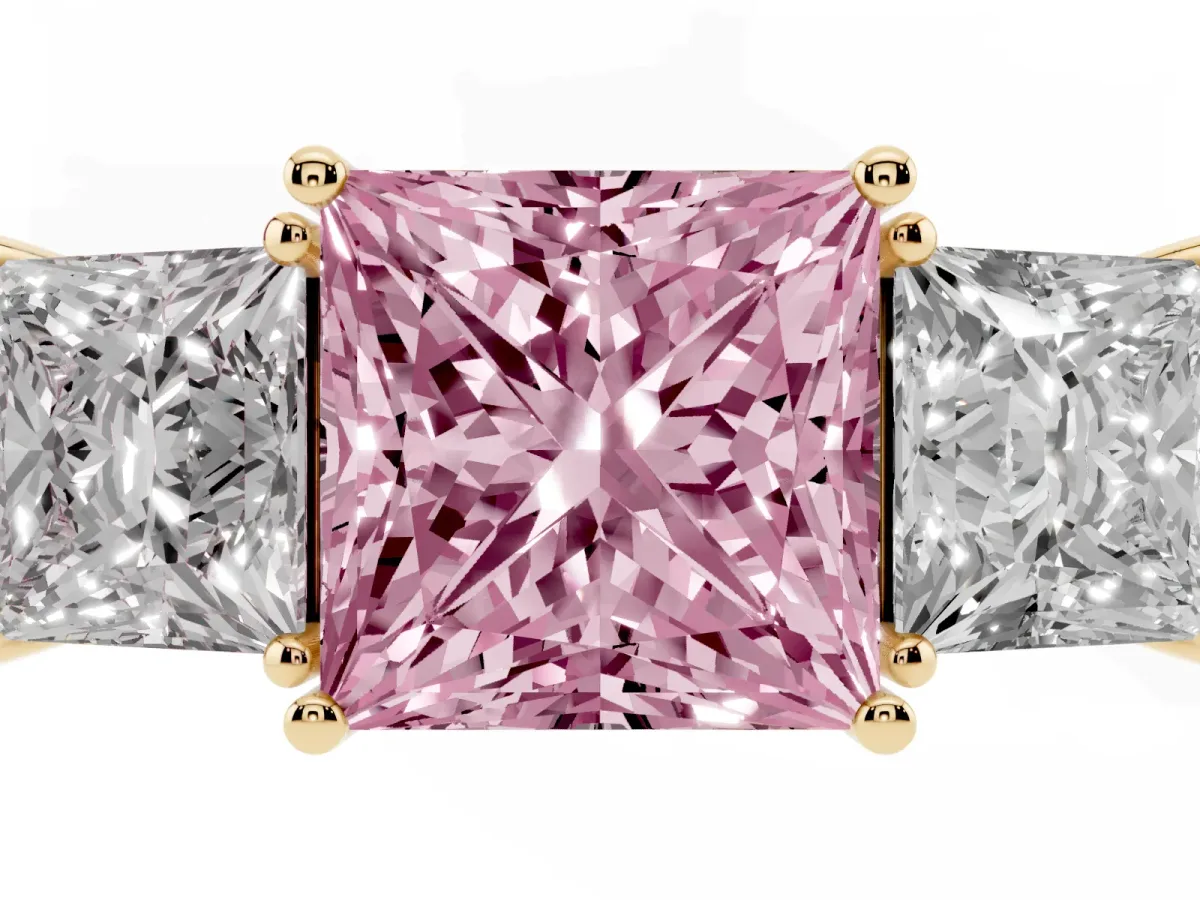 Fancy Pink Three-Stone Princess Cut Cut Diamond Engagement Ring with Flat Band and Four-Prong Setting Yellow gold