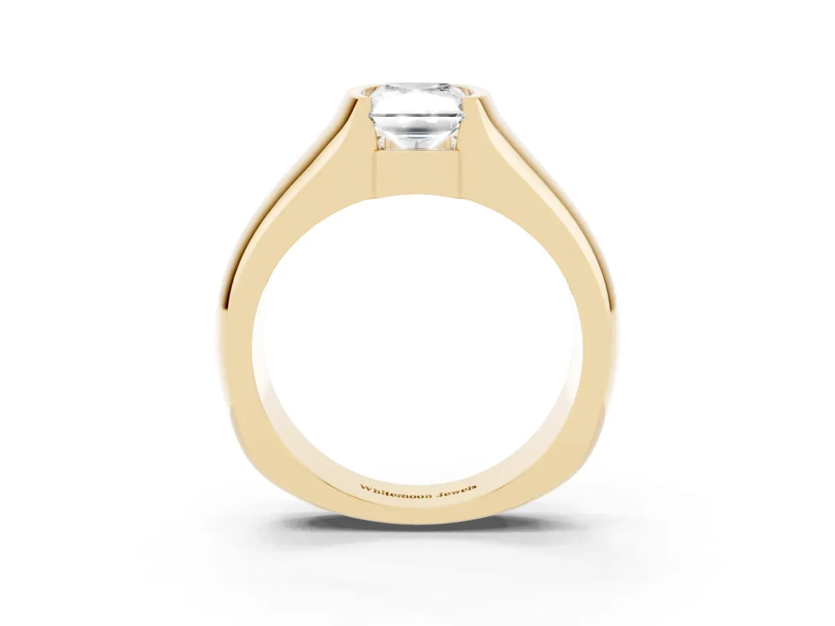 Radiant Cut Solitaire Bezel Set Diamond Ring with Wide Band Yellow gold