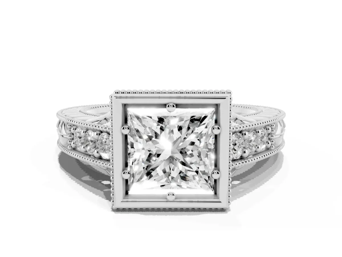 Bezel Set Princess Cut Diamond Milgrain Pave Engagement Ring Silver