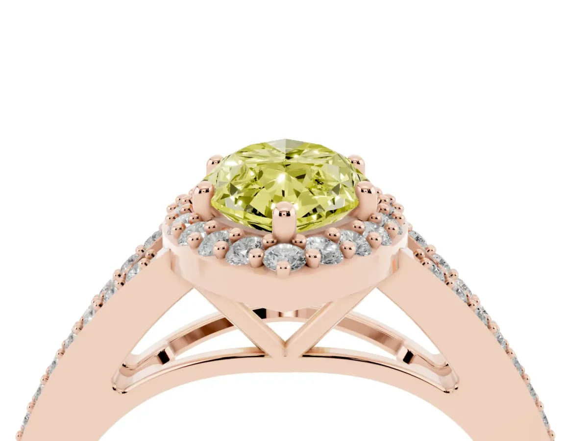 Fancy Yellow Marquise Cut Halo Split Shank Diamond Ring with Prong Setting Rose gold