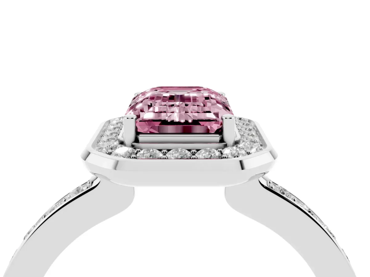 Fancy Pink Emerald Cut Diamond Halo Ring with Bezel Frame and Pavé Band Silver