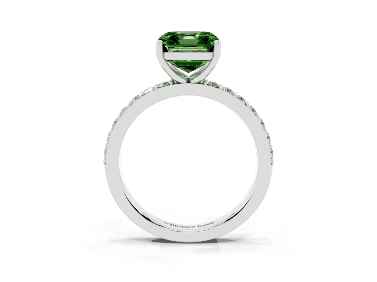 Fancy Green Asscher Cut Cut Diamond Solitaire with Pave Band and Four-Prong Setting Silver