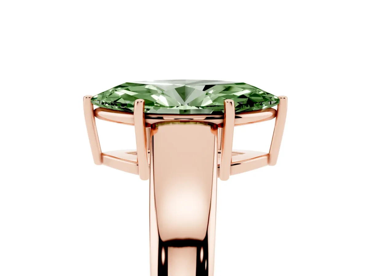 Fancy Green Marquise Cut Solitaire Diamond Ring with Tapered Band and Four-Prong Setting Rose gold