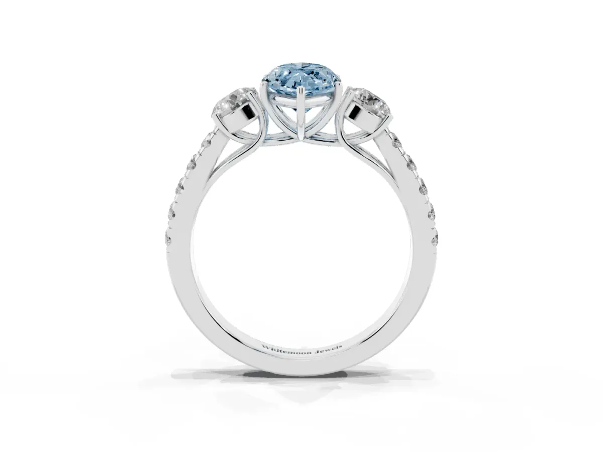Fancy Blue Marquise Cut Cut Diamond Three-Stone Ring with Round Side Stones and Pavé Band Silver