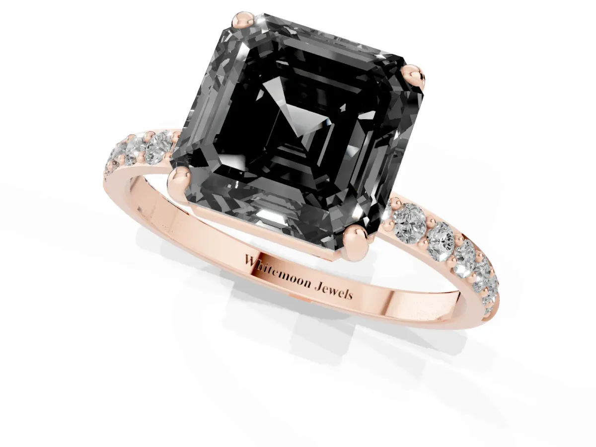 Fancy Black Asscher Cut Diamond Solitaire Ring with Round Pavé Band and Prong Setting Rose gold