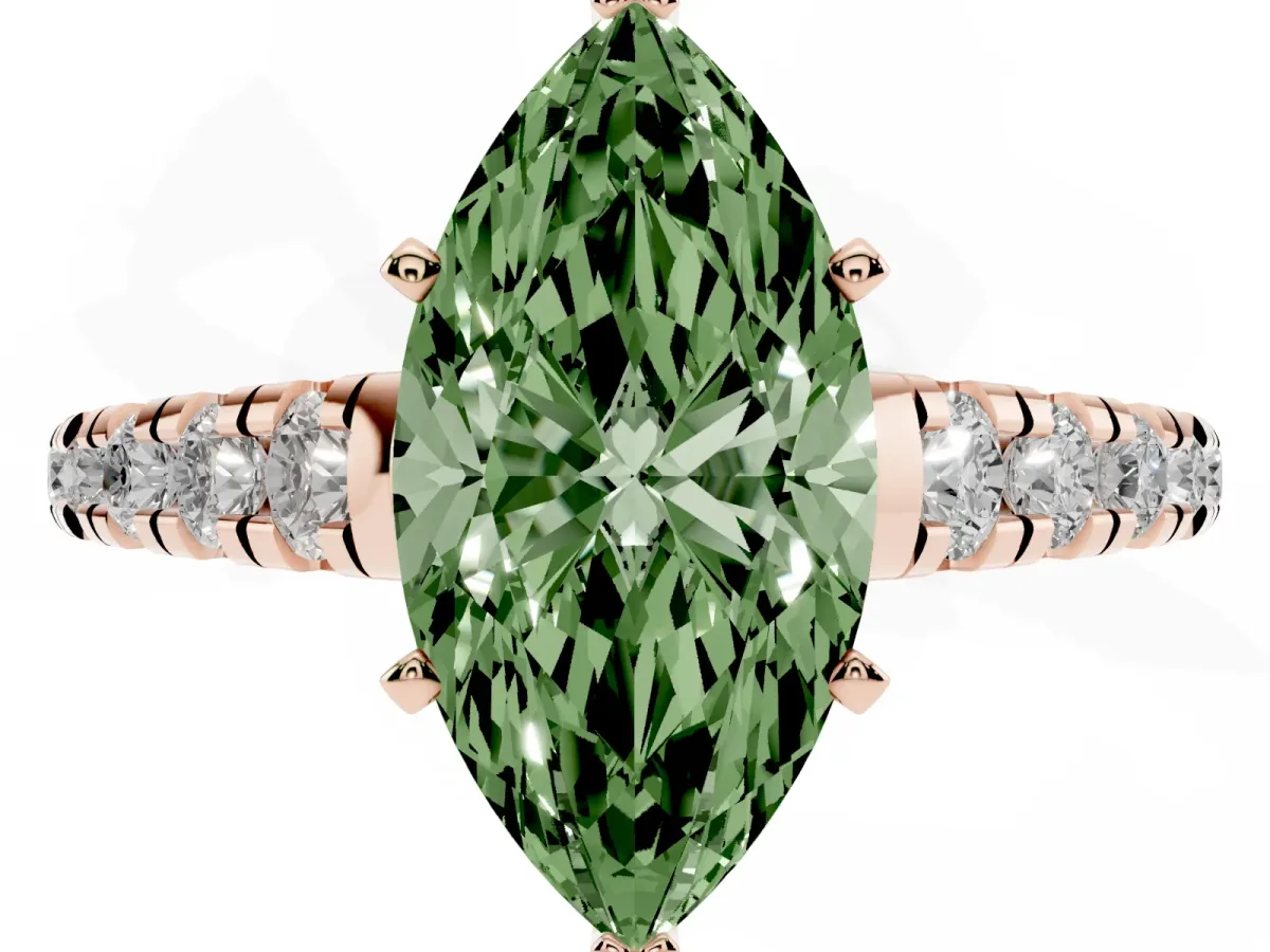 Fancy Green Marquise Cut Diamond Cathedral Solitaire Ring with Round Pavé Band Rose gold