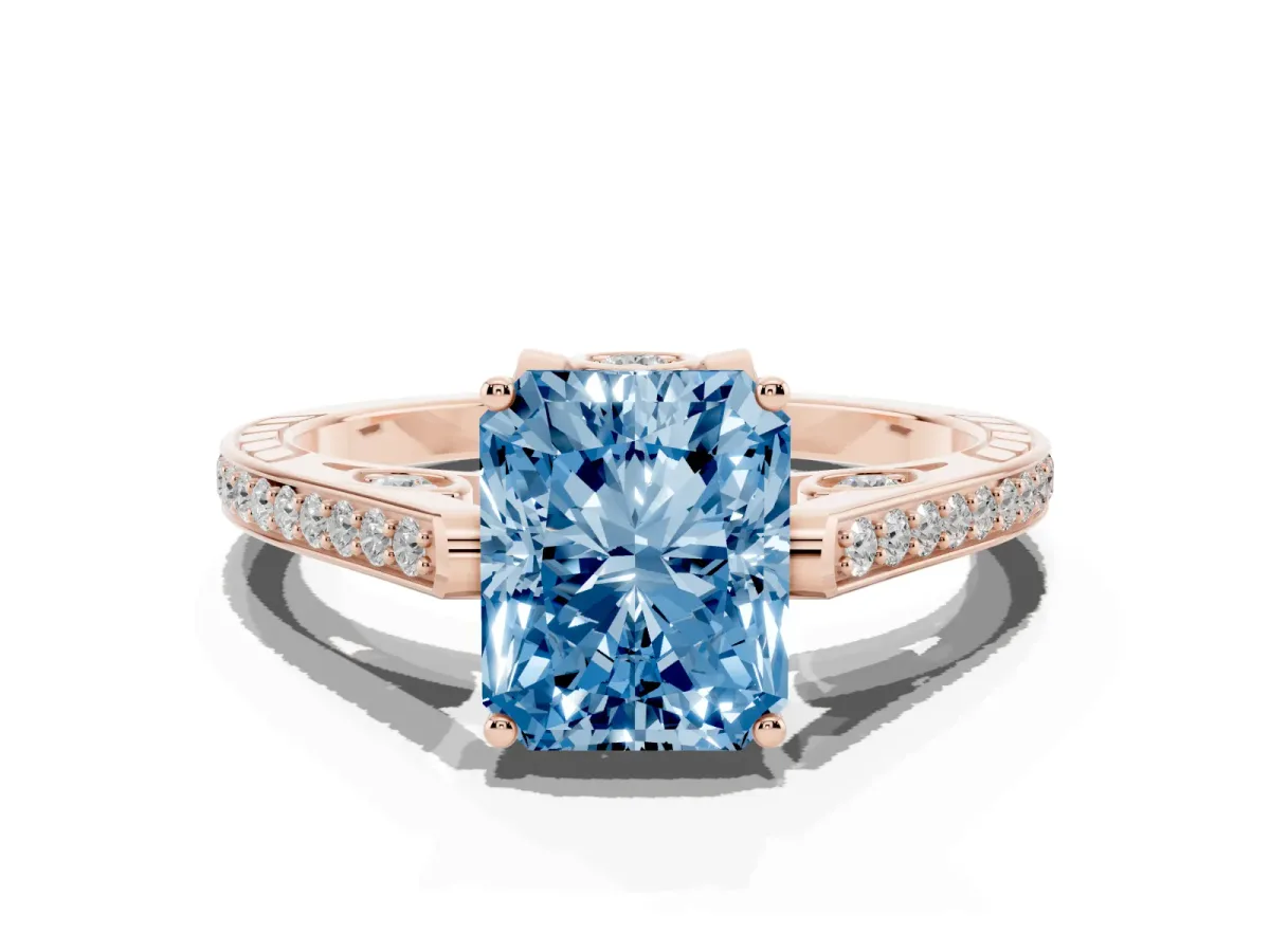 Fancy Blue Radiant Cut Cut Cathedral Pave Diamond Engagement Ring with Six-Prong Setting Rose gold
