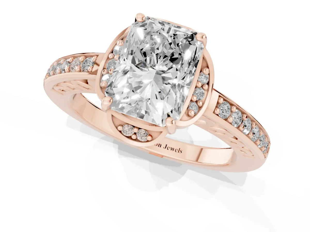 Radiant Cut Cut Halo Diamond Ring with Channel Set Band and Four-Prong Setting Rose gold