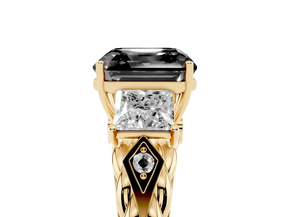 Fancy Black Three-Stone Asscher Cut Diamond Braided Band Ring with Four-Prong Setting Yellow gold