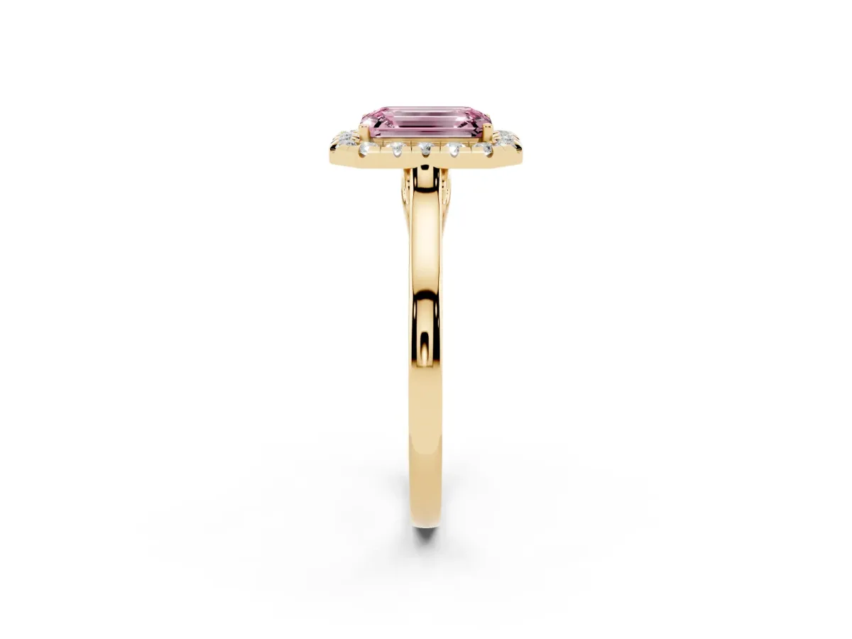 Fancy Pink Emerald Cut Halo Round Diamond Solitaire Ring with Pavé Band and Four-Prong Setting Yellow gold