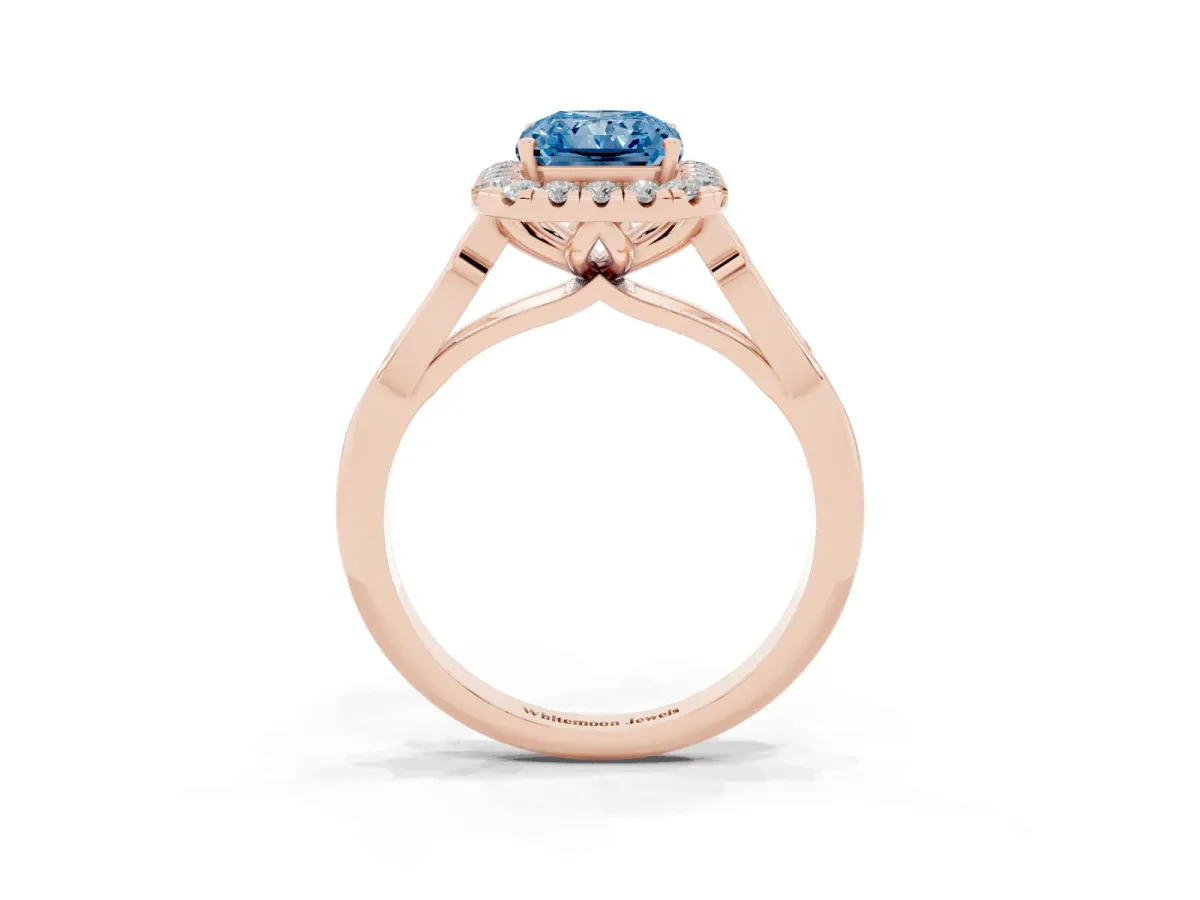 Fancy Blue Radiant Cut Halo Diamond Engagement Ring with Filigree Band and Four-Prong Setting Rose gold