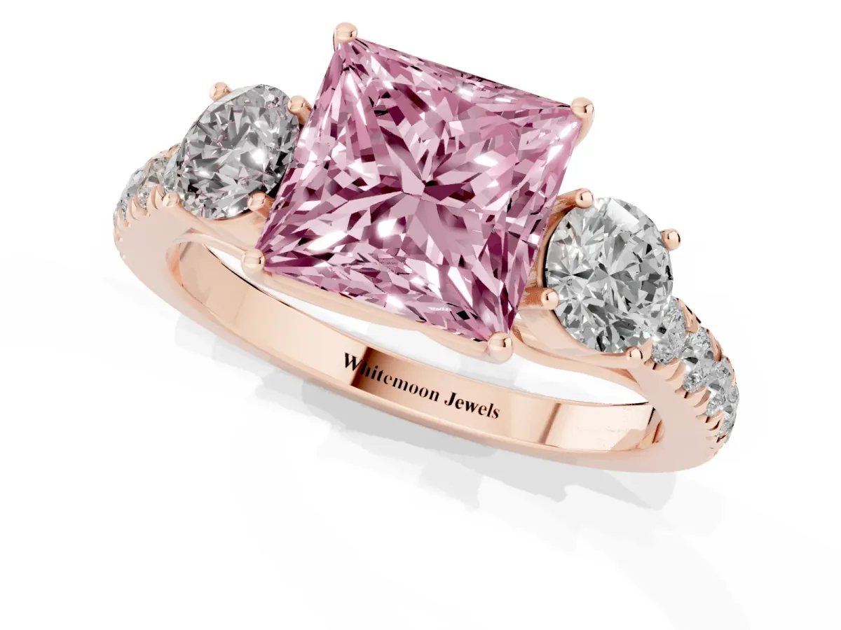 Fancy Pink Princess Cut Cut Diamond Three-Stone Ring with Round Side Stones and Pavé Band Rose gold