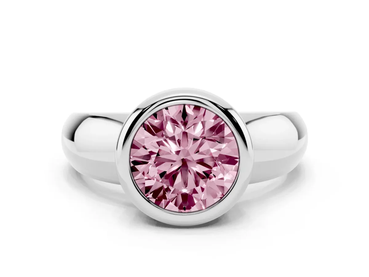 Fancy Pink Bezel Set Round Cut Solitaire Ring with Wide Band White gold