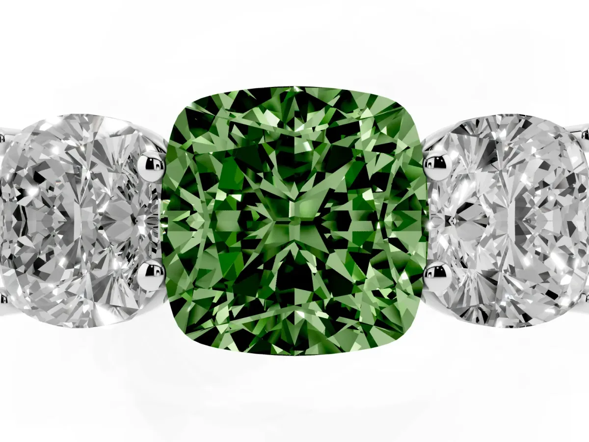 Fancy Green Cushion Cut Three-Stone Diamond Ring with Prong Setting on a Classic Band Silver