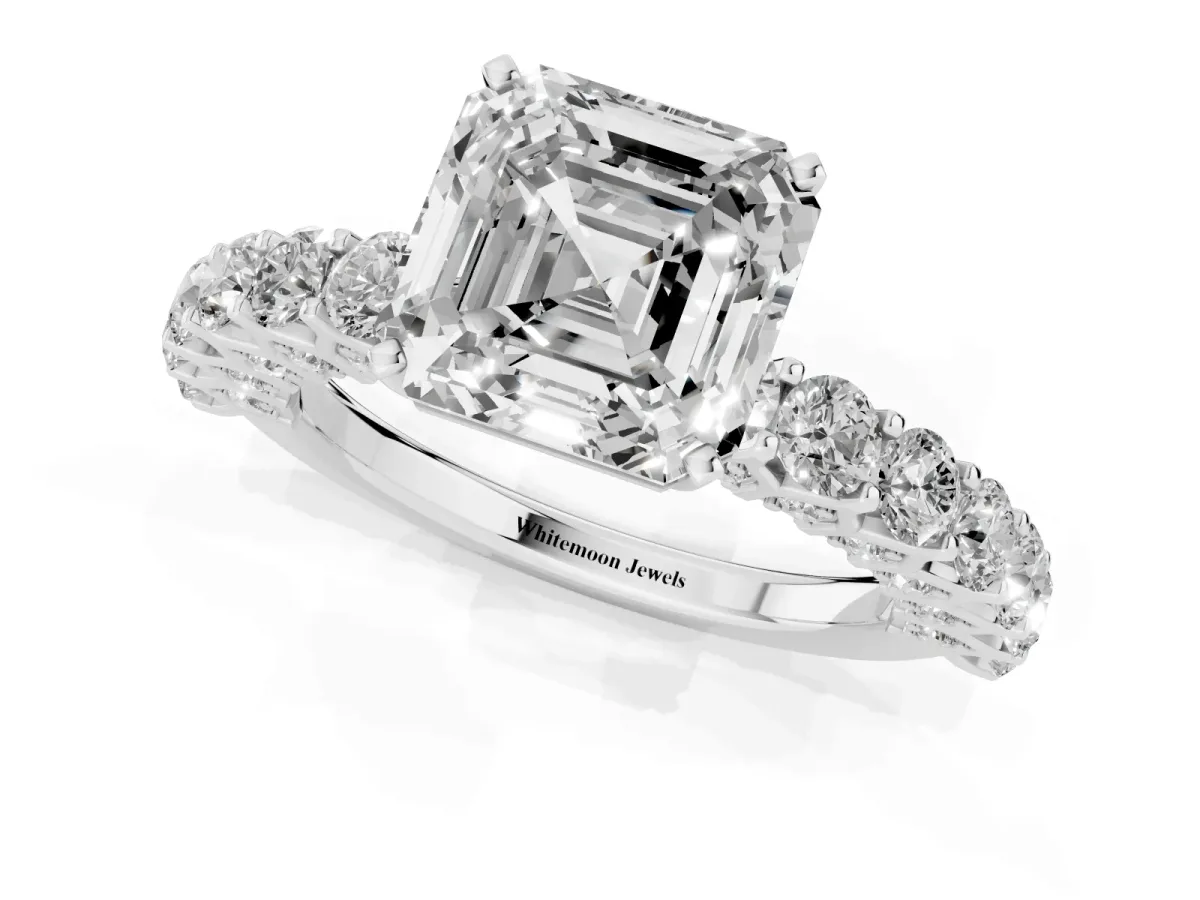 Asscher Cut Diamond Solitaire Ring with Shared Prong Pavé Band and Four-Prong Setting Silver