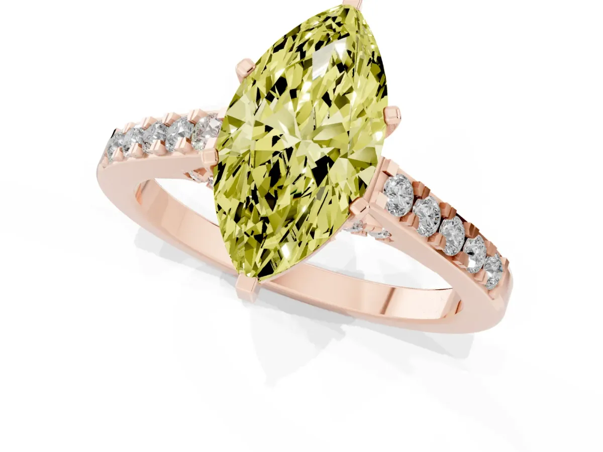 Fancy Yellow Marquise Cut Diamond Solitaire Ring with Crossover Gallery and Round Pavé Band Rose gold