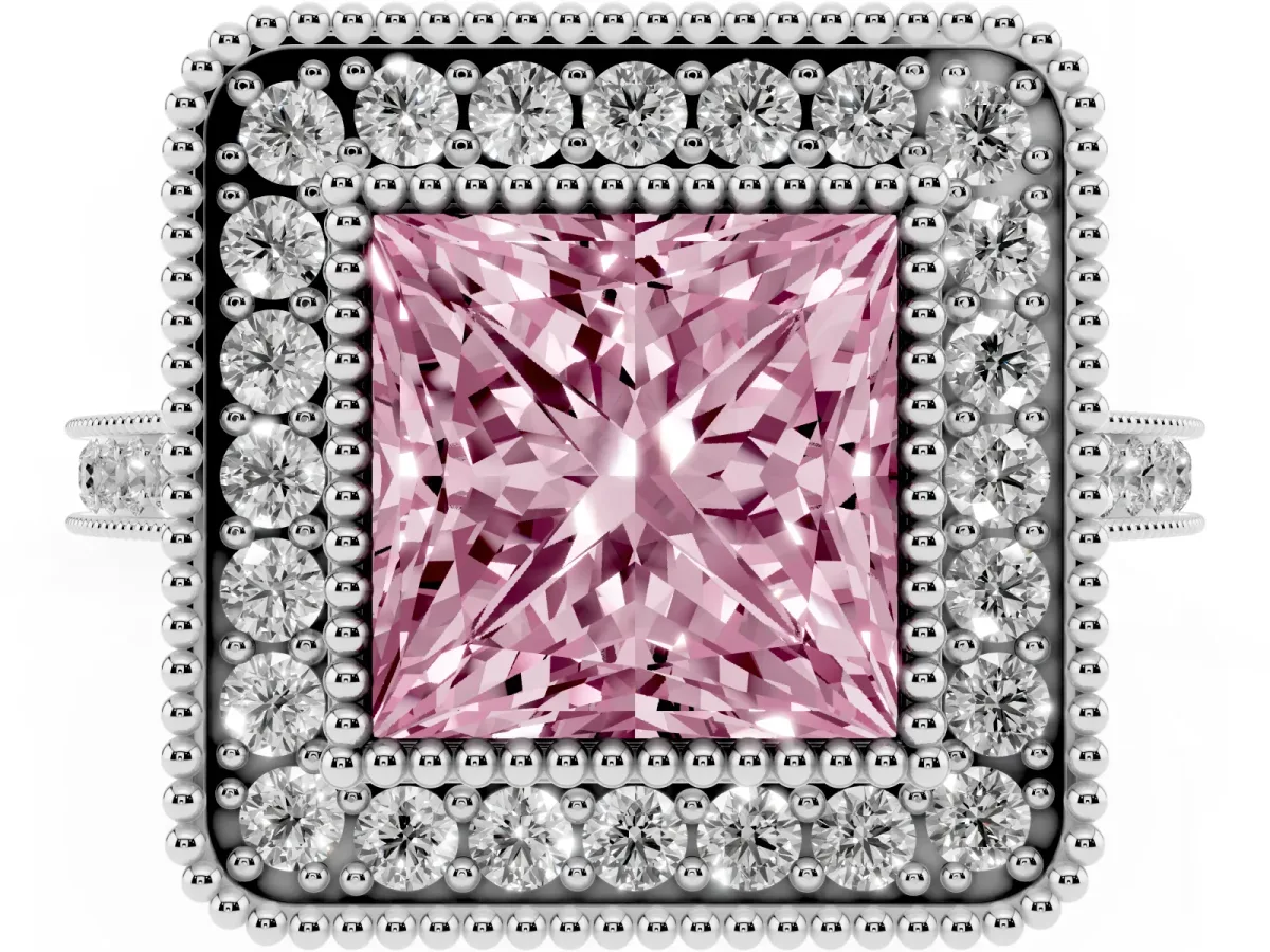 Fancy Pink Princess Cut Diamond Halo Ring with Milgrain Frame and Pavé Band Silver