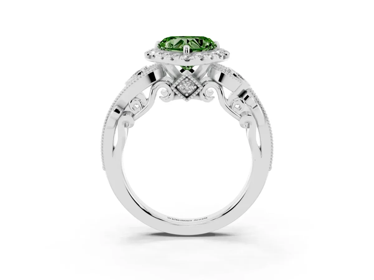 Fancy Green Heart Cut Diamond Halo Ring with Milgrain Pavé Band and Four-Prong Setting Silver